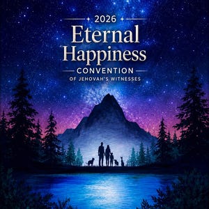 Peut inclure: Une affiche représentant un ciel étoilé au-dessus d'une montagne et d'un lac. Le texte indique 2026 Eternal Happiness CONVENTION OF JEHOVAH'S WITNESSES. Une silhouette de famille avec deux animaux se tient sur la rive sous un dégradé bleu et violet.