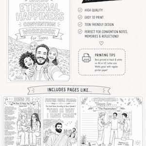 以下が含まれることがあります： 「2026 Eternal Happiness」と題された、10代向けの白黒のコンベンションワークブック。メモ、考察、アクティビティ用のページが含まれています。A4用紙への印刷用に設計されています。