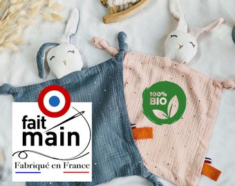 Doudou lapin bio double gaze fait main en France par un papa créateur