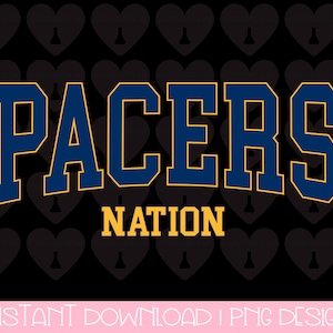 May include: A graphic design featuring the words "PACERS NATION" in a blue and gold color scheme. The text is in a bold, blocky font and is set against a black background with a pattern of small hearts.