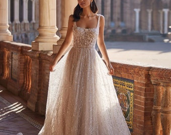 Stunning A-Line Bridal Gown with Square Neck, Hand-Embroidered Lace & Beads, Elegant Floor Length Wedding Dress