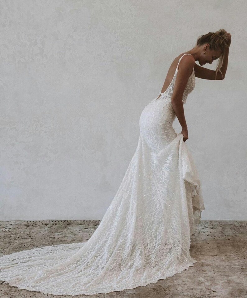 Boho Lace Mermaid Wedding Dress, Illusion Low Back Bridal Gown ...