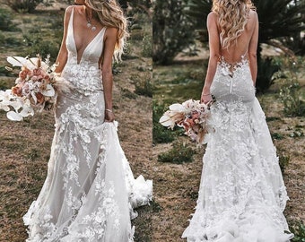 Elegant Mermaid Lace Wedding Dress - V-neck, Backless, Floor-length Bridal Gown Perfect Designer Dress for Your Dream Wedding