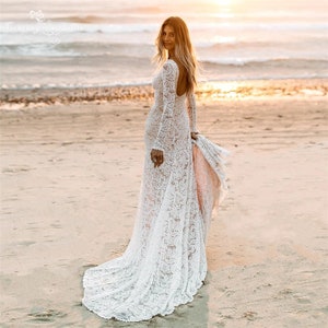 Boho Lace Wedding Dress With Side Slit Elegant Long Sleeve, Backless ...