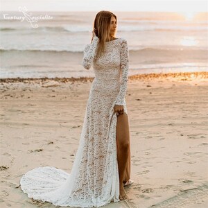 Boho Lace Wedding Dress with Side Slit - Elegant Long Sleeve, Backless Bridal Gown for Beach Weddings, Vestido De Noiva Gift