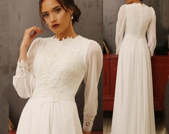 Elegant Lace Muslim Wedding Dress - Modest Boho Bridal Gown with Long Sleeves, Vintage High Neck, Simple Elegance Wedding Gift
