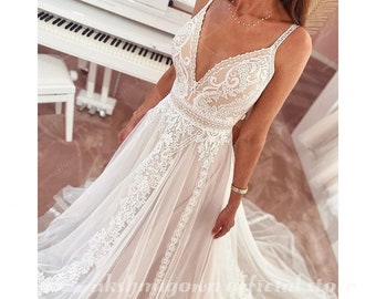 Boho Wedding Dress - Backless, Sleeveless Deep V-Neck Bridal Gown, Bohemian Bridesmaid Dress, Perfect Wedding Gift