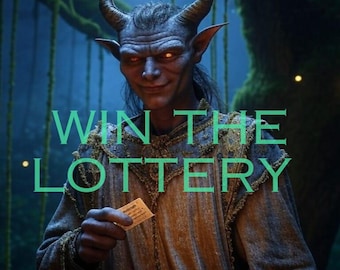 Może przedstawiać: Rogata postać o niebieskiej skórze i czerwonych oczach uśmiecha się trzymając los na loterię. Na obrazie nałożony jest tekst "WIN THE LOTTERY".