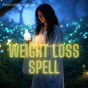 Puede incluir: Una mujer con una túnica blanca sostiene una botella blanca en un bosque con luces azules brillantes. El texto "WEIGHT LOSS SPELL" está superpuesto a la imagen en amarillo.