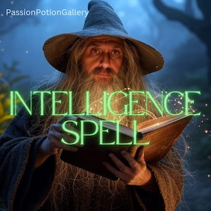 May include: A wizard with a long white beard and a pointed hat holds an open book with the words "INTELLIGENCE SPELL" in green. The book glows with magical light, suggesting a fantasy or mystical theme.
