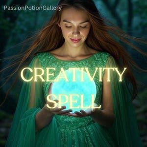 Puede incluir: Una mujer con un vestido verde sostiene un orbe azul brillante en sus manos. El orbe está rodeado por el texto "CREATIVITY SPELL".