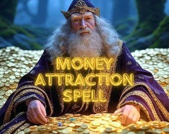 Puede incluir: Un mago con una larga barba blanca y una túnica morada se sienta sobre una pila de monedas de oro. El texto "MONEY ATTRACTION SPELL" está escrito en letras de neón amarillas.
