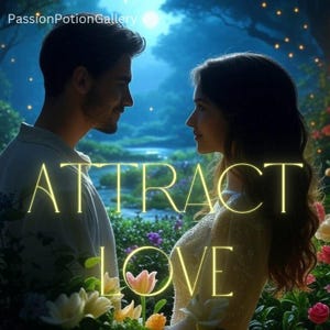 以下が含まれることがあります： カップルがロマンチックな雰囲気の中で見つめ合っています。黄色い文字で「ATTRACT LOVE」と書かれています。