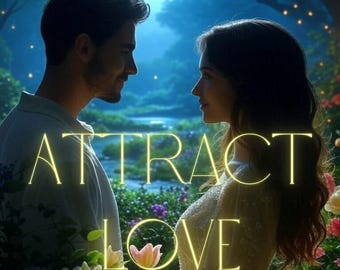 Puede incluir: Una pareja se mira en un entorno romántico con el texto "ATTRACT LOVE" en letras amarillas.