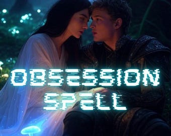 Può includere: Una coppia in un ambiente boschivo, che si guarda con un'espressione romantica. Il testo "OBSESSION SPELL" è visualizzato in un font blu neon glitch.