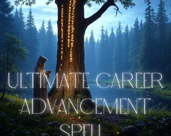 May include: A hooded figure stands in a forest, holding a book in front of a large tree with glowing runes. The text reads "Ultimate Career Advancement Spell".