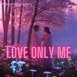 May include: A couple stands in a pink and purple forest with glowing mushrooms. The text "LOVE ONLY ME" is in pink neon letters.