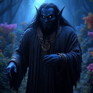 May include: A dark blue, fantasy-themed character with pointed ears, long black hair, and a dark blue robe with gold accents. The character has a serious expression and piercing white eyes.
