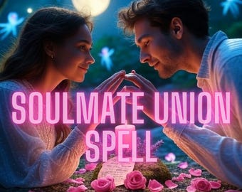 Puede incluir: Imagen romántica con el texto "SOULMATE UNION SPELL". Una pareja se muestra tocándose las manos, rodeada de rosas y pétalos rosas. Una luna llena y luces brillantes están en el fondo. El texto "PassionPotionGallery" está en la parte inferior.
