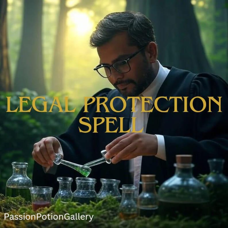 Może przedstawiać: Zdjęcie osoby w czarnej szacie i okularach, wlewającej zielony płyn z szklanej pipety. Złoty napis "LEGAL PROTECTION SPELL". Widoczne są r&oacute;żne szklane butelki i pojemniki.