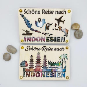 Reisegutschein Indonesien Holzkarte– Individuelles Geldgeschenk mit persönlicher Botschaft - Geburtstagskarte, Asien, Reisen, Hochzeit