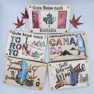 Buono viaggio Canada mappa in legno – Regalo individuale in denaro con un messaggio personale – Biglietto di auguri di compleanno – Toronto, Quebec, Ottawa, Canada