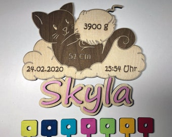 Türschild - Katze - personalisiert aus Holz - farbig - Geburtsgeschenk - Namensschild