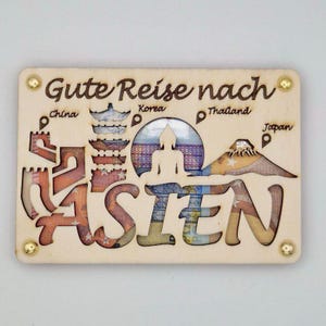 Reisegutschein Asien Holzkarte – Individuelles Geldgeschenk mit persönlicher Botschaft - Geburtstagskarte - Reisen, Hochzeit, Korea, China