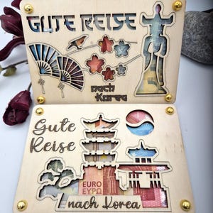 Reisegutschein Südkorea Holzkarte – Individuelles Geldgeschenk mit persönlicher Botschaft - Geburtstagskarte - Asien, Reisen, Korea Hochzeit