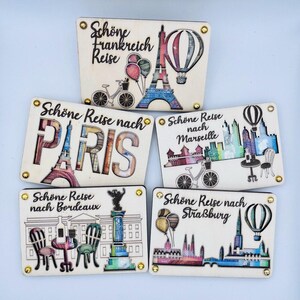Bon de voyage carte de France en bois – cadeau en espèces avec message personnel – carte d'anniversaire – Paris, Strasbourg, Marseille, Bordeaux