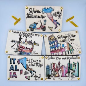 Buono viaggio mappa in legno dell'Italia – regalo in denaro con messaggio personale – biglietto di auguri di compleanno – Venezia, Roma, Toscana, Milano, zaino in spalla
