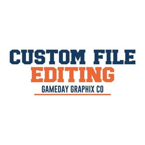 May include: A logo featuring the text "CUSTOM FILE EDITING" in navy and orange block letters. Beneath, in smaller orange letters, is "GAMEDAY GRAPHIX CO" with a navy line underneath.