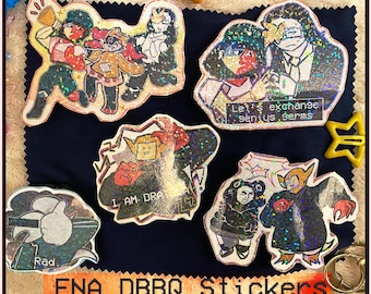May include: A set of eight holographic stickers featuring characters from the ENA and DBBQ series. The stickers are on a dark blue background and feature various characters, including a red and black character with a crown, a green and black character with a crown, a yellow and black character with a crown, a blue and black character with a crown, a red and black character with a crown, a green and black character with a crown, a yellow and black character with a crown, and a blue and black character with a crown. The stickers are all in a cartoon style and have a holographic finish.