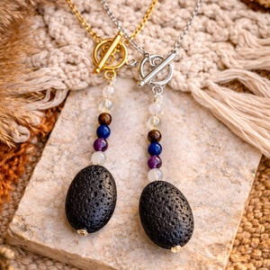 Handmade Gemstone Beaded Necklace: Lava Essential Oil Diffuser Pendant