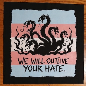 May include: A square fabric patch featuring a black silhouette of a multi-headed hydra creature centered over a horizontal striped background of light blue, pink, and white. The text WE WILL OUTLIVE YOUR HATE is printed in black below the hydra.