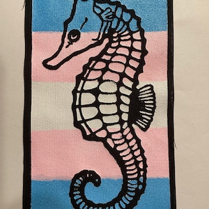 May include: Rectangular patch featuring a black seahorse silhouette over a background of horizontal stripes in light blue, pink, and white, framed by a black border. The seahorse is detailed with internal black lines.