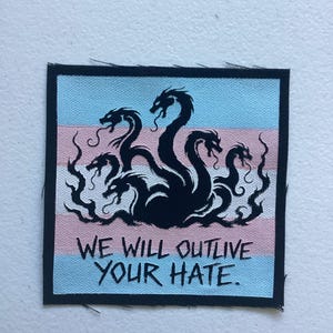 May include: A square fabric patch with a black border featuring a horizontal striped background in light blue, pink, and white. A black silhouette of a multi-headed hydra is centered above the black text that reads, WE WILL OUTLIVE YOUR HATE.