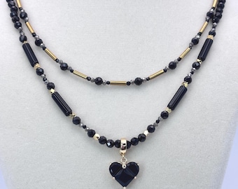 Black Spinel Hematite Necklace Set, Convertible Layered Choker, Removable Heart Pendant