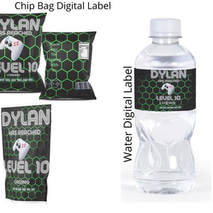 May include: Printable digital labels for a crisp bag, water bottle, and Capri Sun pouch. The labels feature a black and green design with a video game controller graphic and the text "DYLAN HAS REACHED LEVEL 10 LOADING".