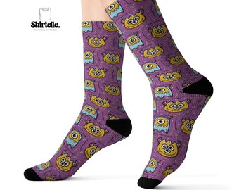 Purple monster funky art patterns funny crew socks for all day wear, cool polyester tube sock for men and women