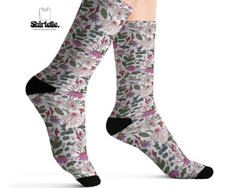 Calcetines divertidos con patrones artísticos funky de flores clásicas para usar todo el día, calcetines de tubo de poliéster frescos para hombres y mujeres