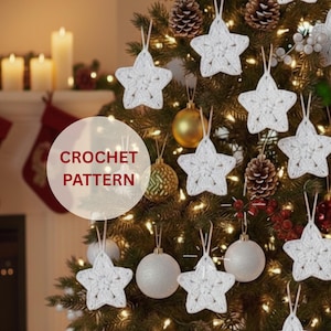 May include: A Christmas tree decorated with white crochet star ornaments, white and gold ball ornaments, and pine cones. The text "CROCHET PATTERN" is in a circle in the center of the image. A fireplace and stockings are in the background.