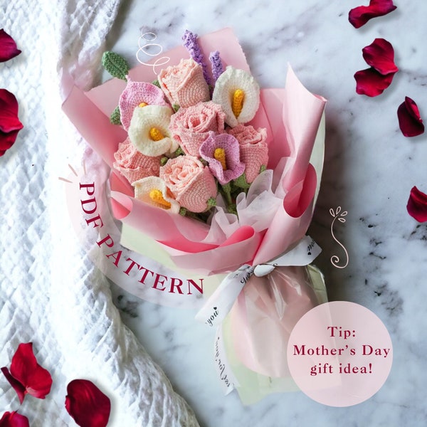 Flower bouquet Crochet Pattern, Mothers Day gift, Flower Crochet, Leaf Crochet, Amigurumi, Handmade, Digital PDF, Order NOW and get 1 FREE!!
