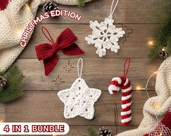 4-in-1 Crochet Pattern bundle, Easy Christmas Patterns, Bow, Star, Snowflake, Candy Cane tree Ornament, Beginner Patterns, Instant Download