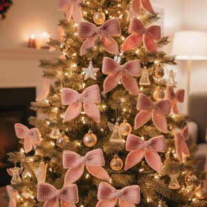 May include: A decorated Christmas tree with pink crocheted bows, gold ornaments, and fairy lights. The tree is adorned with star and angel ornaments, creating a festive holiday display. The warm lighting enhances the cozy atmosphere.