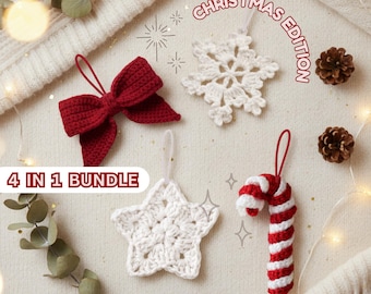 4-in-1 Bundle Crochet Patterns, Easy Christmas Patterns, Bow, Star, Snowflake, Candy Cane tree Ornament, Beginner Patterns, Instant Download