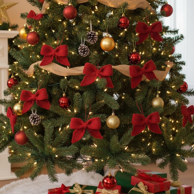 May include: A decorated Christmas tree with red bow ornaments, red and gold ball ornaments, and pinecone ornaments. The tree is lit with small white lights and has a burlap ribbon. Presents are visible under the tree.