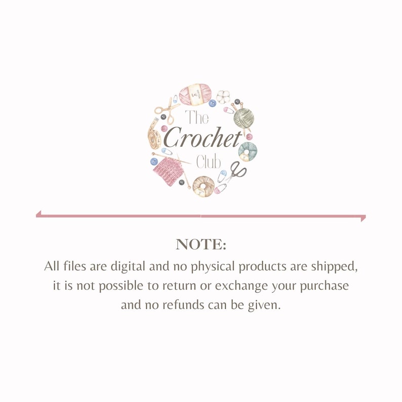 May include: A watercolor illustration features a circular arrangement of crochet-related items, including yarn balls, scissors, and crochet hooks, surrounding the text "The Crochet Club." Below, the text states that all files are digital.
