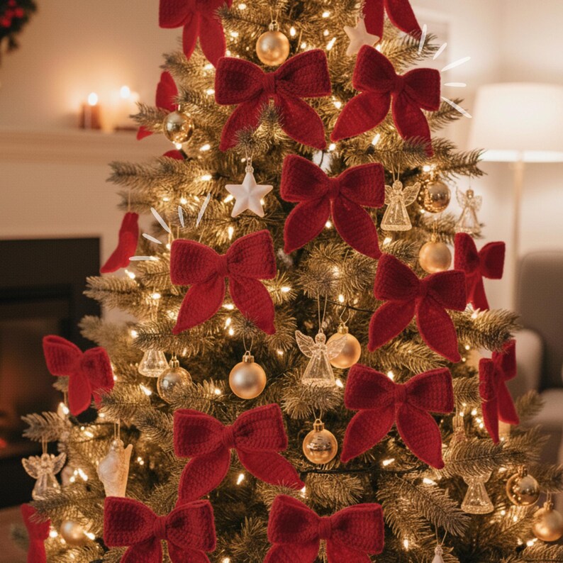 May include: A decorated Christmas tree with red bows, gold ornaments, and white star and angel ornaments. The tree is lit with small white lights, creating a warm, festive glow. The tree is the focal point of a cozy holiday scene.