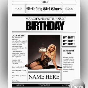 以下が含まれることがあります： 「Birthday Girl Times」のタイトルが付いた白黒の誕生日招待状テンプレート。デザインには、ケーキを持っている女性の写真、イベントの詳細、名前のスペースが含まれています。テンプレートは編集可能です。